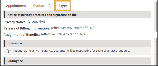 Payer tab showing example information and a yellow highlight box around the Payer tab.